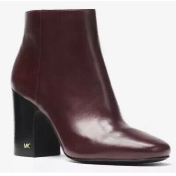 Michael Kors Women's Burgundy Elaine Leather Block Heel Classic Ankle Bootie 8M - Picture 1 of 7